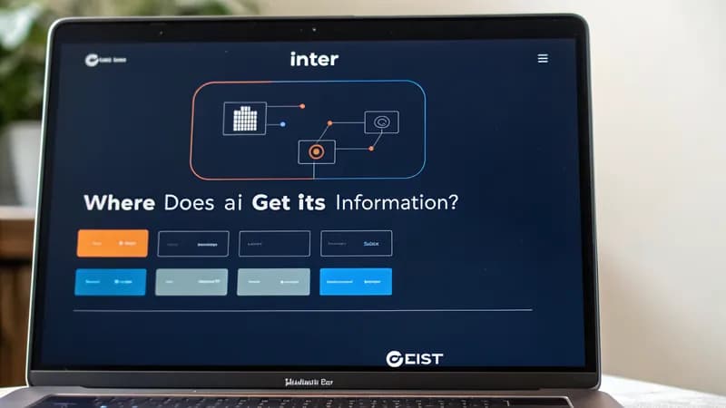 Dark four-source diagram on a laptop screen, four glowing source nodes feeding one AI answer card, navy background with orange and blue accents